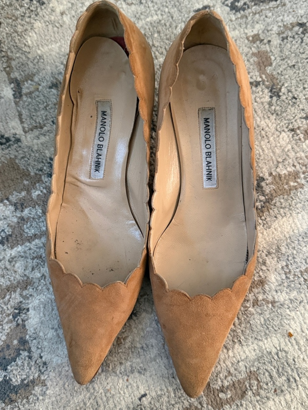 Manolo Blahnik Tan Suede Scallop-Edge Pointed Flats